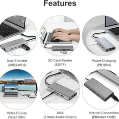 USB C HUB, USB C Adapter 11 in 1 Dongle with 4K HDMI, VGA, Type C PD, USB3.0, RJ45 Ethernet, SD/TF Card Reader, 3.5mm AUX, Docking Station Compatible with MacBook Pro/Air, Other Type C Laptops Devices