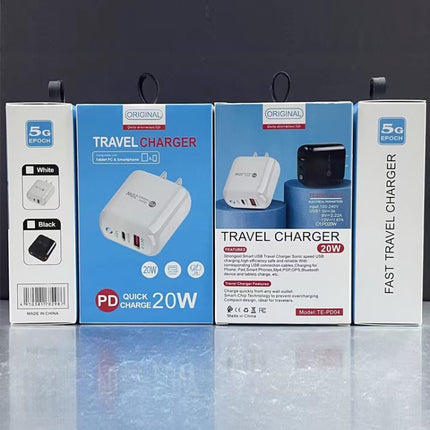 PD04 Type-C + USB Mobile Phone Charger with USB to 8 Pin Cable, US Plug, US Plug + USB to 8 Pin Cable