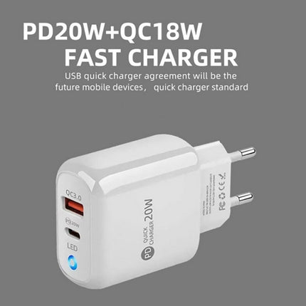PD04 Type-C + USB Mobile Phone Charger with Type-C to 8 Pin Cable, UK Plug, UK Plug + Type-C to 8 Pin Cable