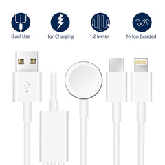 For Apple Watch Series & iPhone & Phone with Type-C Port 3 in 1 USB Magnetic Charging Cable 4ft/1.2m