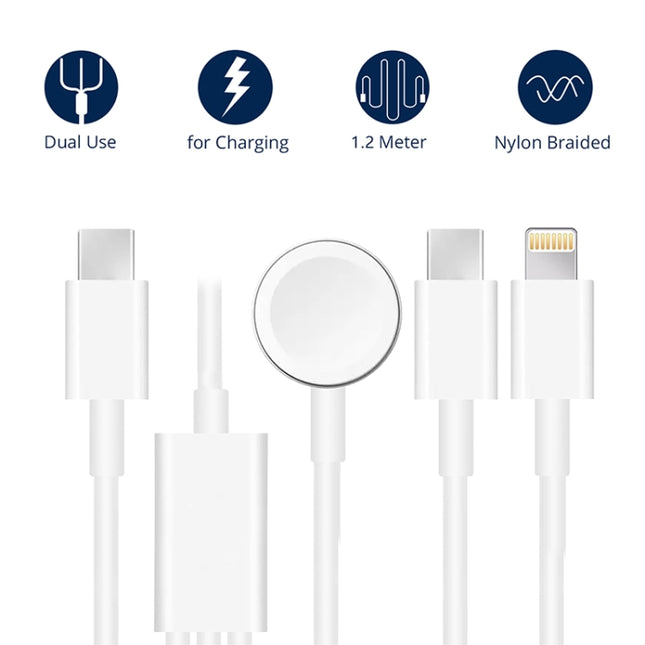 For Apple Watch Series & Phone with Dual Type-C Plug 3 in 1 USB Magnetic Charging Cable 4ft/1.2m, DS-XB020