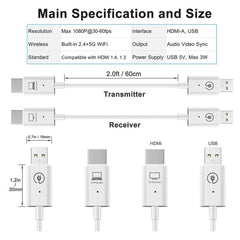 Wireless HDMI Transmitter and Receiver Kit, HDMI Wireless Extender Adapter, 1080P 60fps Video Audio Projecting for PC, Laptop, Camera to HDTV/Projector