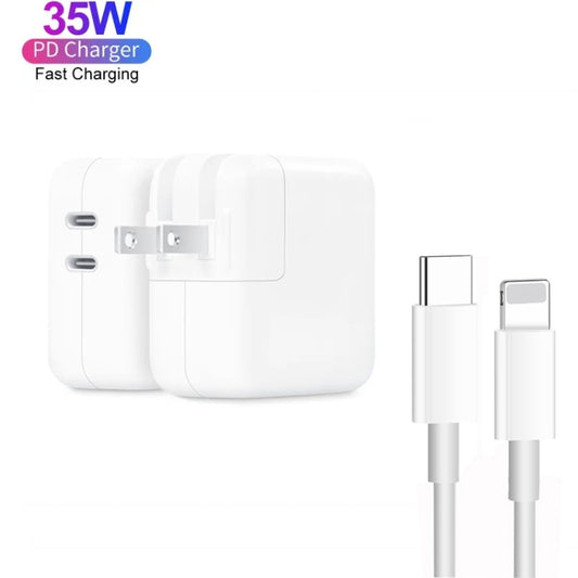 35W PD3.0 USB-C / Type-C Dual Port Charger with Type-C to 8 Pin Data Cable, US Plug, US Plug + 1m 8 Pin Cable, US Plug + 2m 8 Pin Cable