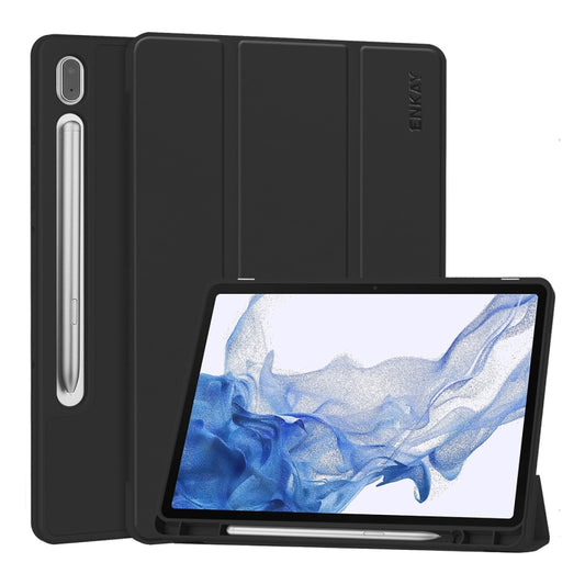 ENKAY Tri-fold Custer Leather TPU Bottom Smart Case with Pen Slot, For Samsung Galaxy Tab S9