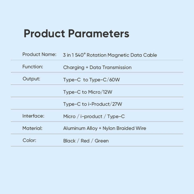 ENKAY PD60W Type-C to Type-C / 8 Pin / Micro USB Magnetic 540 Degrees Rotating Fast Charging Cable, 1m, 2m