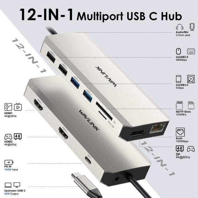 Wavlink UMD302 Type-C to Multiport Dual 4K HDMI HUB Triple Monitor 12-in-1 Laptop Docking Station, UMD302