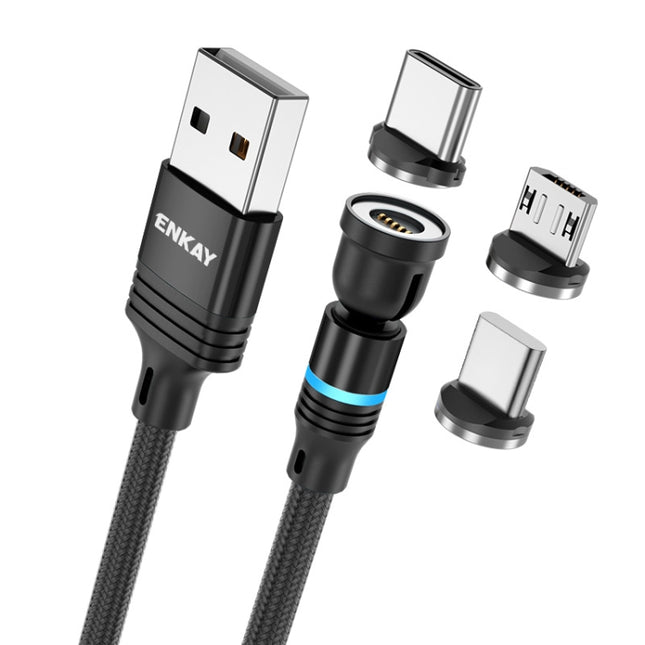 ENKAY 3 in 1 3A USB to Type-C / 8 Pin / Micro USB Magnetic 540 Degrees Rotating Fast Charging Cable, 1m, 2m