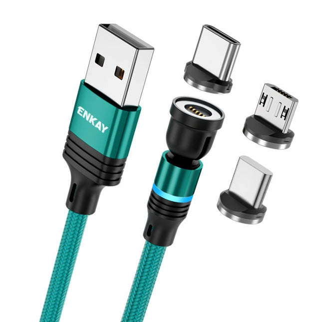 ENKAY 3 in 1 3A USB to Type-C / 8 Pin / Micro USB Magnetic 540 Degrees Rotating Fast Charging Cable, 1m, 2m