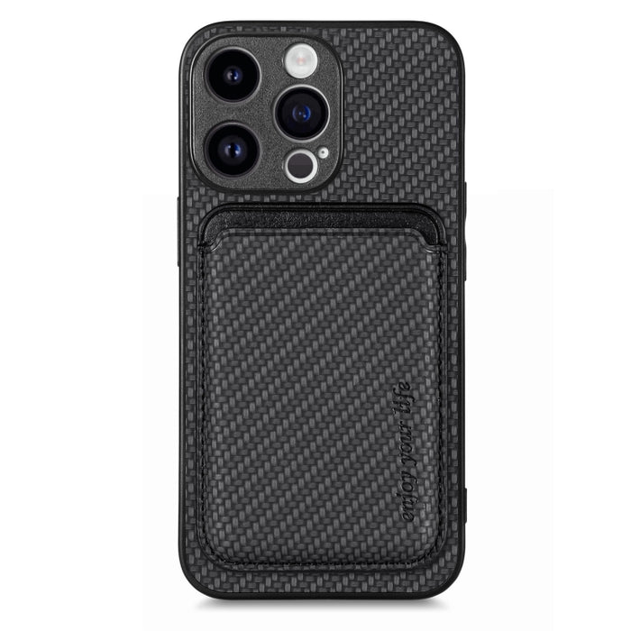 For iPhone 15 Pro Max Carbon Fiber Leather Card Magsafe Phone Case(Black)