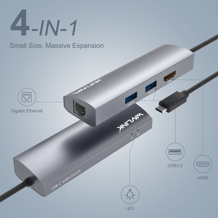 WAVLINK WL-UHP3408 USB HUB Adapter 4-in-1 Type-C to HD + 2xUSB3.0 + Gigabit RJ45 Docking Station, UHP3408