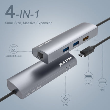 WAVLINK WL-UHP3408 USB HUB Adapter 4-in-1 Type-C to HD + 2xUSB3.0 + Gigabit RJ45 Docking Station, UHP3408