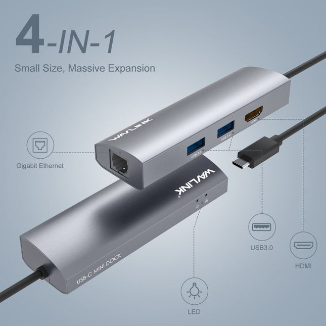 WAVLINK WL-UHP3408 USB HUB Adapter 4-in-1 Type-C to HD + 2xUSB3.0 + Gigabit RJ45 Docking Station, UHP3408