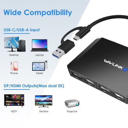 WAVLINK WL-UG69DH2 Dual Monitor USB+Type-C to Dual 4K HD DisplayPort Adapter Splitter