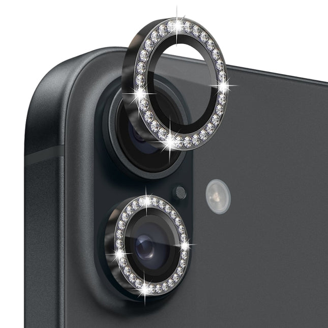 NORTHJO Rhinestone Camera Lens Protector Tempered Glass Metal Ring Film, For iPhone 16 / 16 Plus
