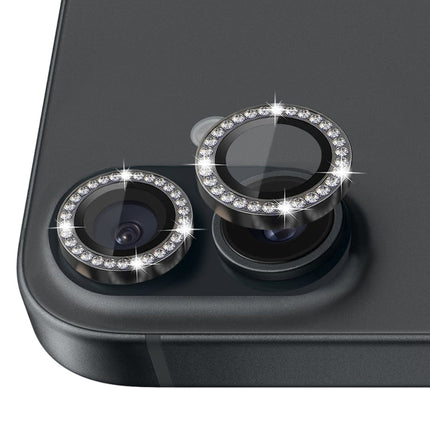 NORTHJO Rhinestone Camera Lens Protector Tempered Glass Metal Ring Film, For iPhone 16 / 16 Plus