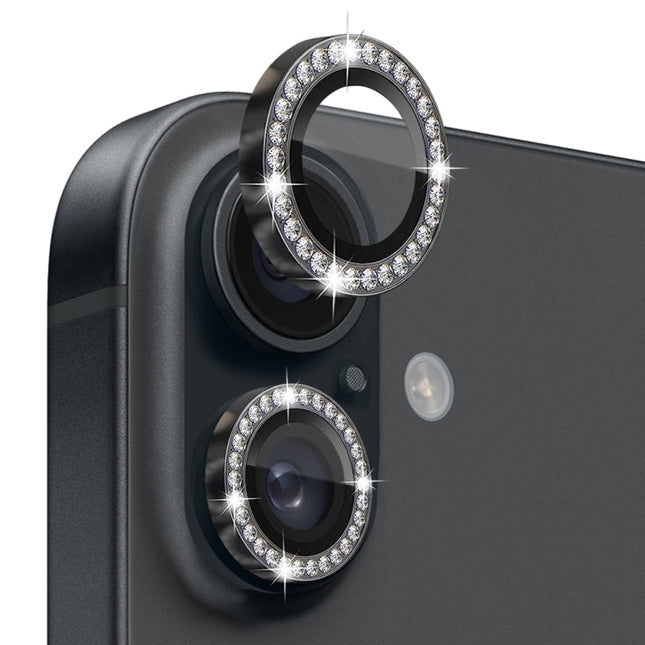 NORTHJO Rhinestone Camera Lens Protector Tempered Glass Metal Ring Film, For iPhone 16 / 16 Plus