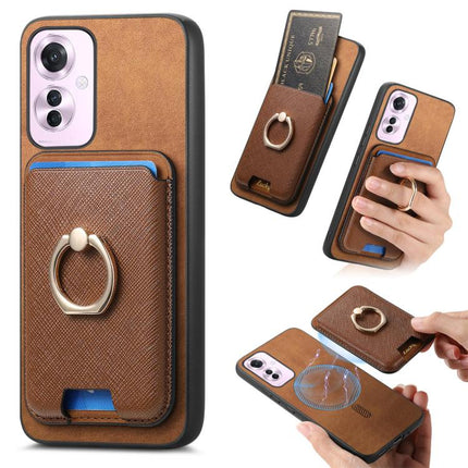 Retro Cross Leather Ring Vertical Insert Card Bag MagSafe Phone Case, For OPPO Reno11 F, For OPPO Reno11 Global, For OPPO Reno11 Pro Global
