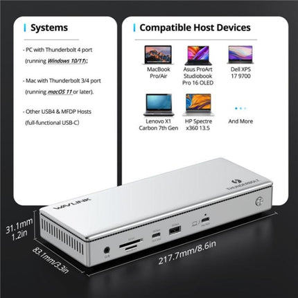 WAVLINK UTD45 96W Charging 8K / 4K Display Thunderbolt 4 Docking Station 13-in-1 Hub, US Plug, UK Plug, EU Plug, AU Plug