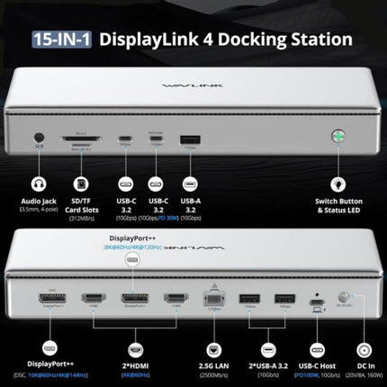 WAVLINK WL-UG75PD1-DH2 USB-C / Type-C Displaylink DL7400 Docking Station Support Quad Display
