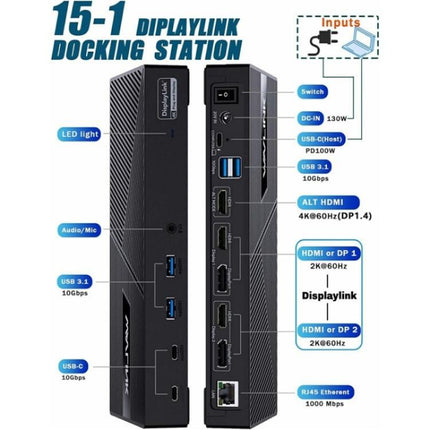 WAVLINK UG63PD25 15 in 1 DisplayLink Docking Station Support Triple Display 130W Power-in