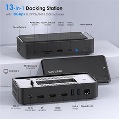WAVLINK UMD23M For Laptop Tablet 13 in 1 USB-C Hub 10Gbps M.2 Pcie / SATA SSD Enclosure, UMD23M