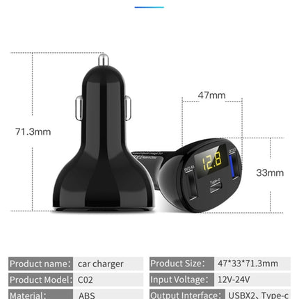 C02 Car Power Adapter in-car Phone Charger Type-C Fast Charger QC3.0 Dual USB Ports DC5V 2.4A 12V 24V Cigarette Lighter Power Supply, C02