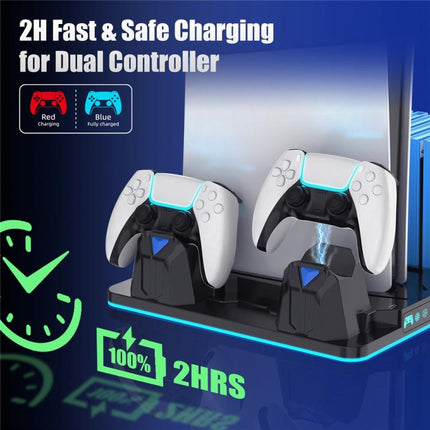 For PS5 / PS5 Slim / PS5 Pro Cooling Stand Dual Controller Charging Station Game Storage Rack