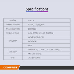 COMFAST CF-812AC USB WiFi Adapter-1300 Mbps USB di Rete Wireless wiFi, CF-812AC