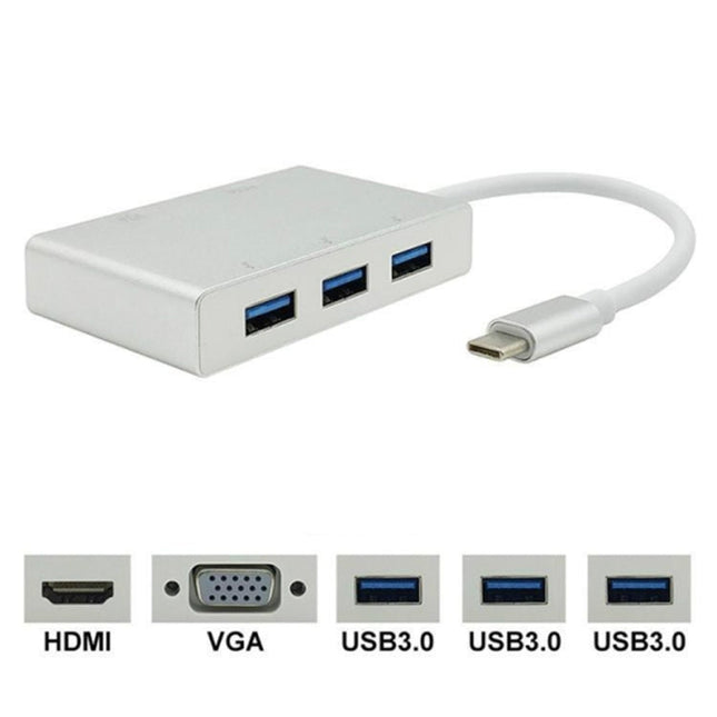 USB C to HDMI VGA USB Hub Adapter 5 in 1 USB 3.1 Converter for Laptop for MacBook,ChromeBook Pixel,Huawei MateBook, HDMI+VGA+3xUSB3.0 to Type-C