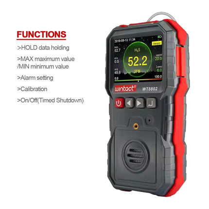 WINTACT WT8802 Hydrogen Sulfide Monitor Professional Rechargeable Gas Sensor High Sensitive Digital Sound-light Vibration Alarm H2S Detector