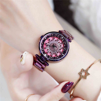 SANDA 1017 Lady Watch All Over The Sky Star 360 Degree Rotating Watch Diamond Steel Band Women Watch