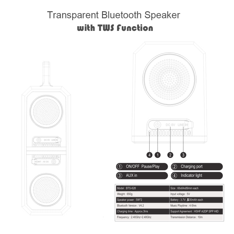 BT628 10W Portable TWS Transparent Bluetooth Speakers With Magnetic Connectable Base Outdoor Stereo Bass Subwoofer