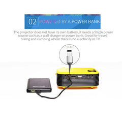 A2000 Mini Portable Projector 800 Lumen Supports 1080P LCD 50000 Hours Lamp Life Home Theater Video Projector for Power Bank, US Plug