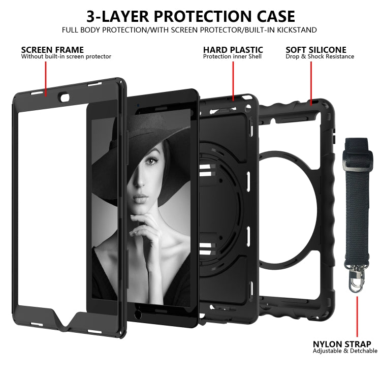 For iPad 10.2 360 Degree Rotating Case with Pencil Holder, Kickstand Shockproof Heavy Duty with Shoulder Strap,Hand Strap, For iPad 10.2