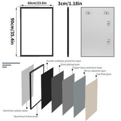 60x90CM Rectangular Wall Mounted Mirror Bathroom Bedroom Makeup Dressing Mirror Black Framed Horizontal or Vertical