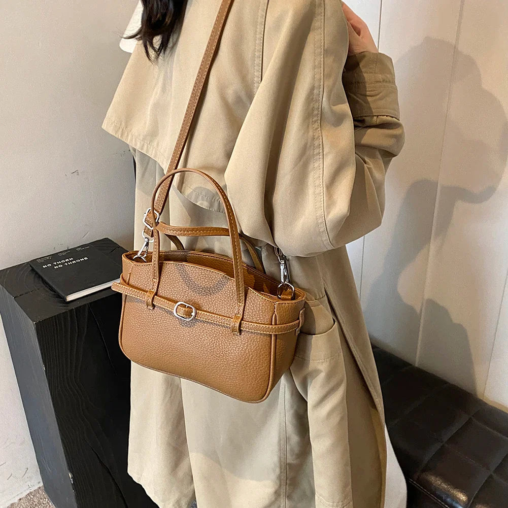 Brand Women's Bag Luxury Designer Handbag PU Buckle Design Top Handle Bag Large Capacity Stylish Satchel Solid Shoulder Bag 2025