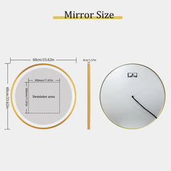 Bathroom Mirror with LED 60/80cm Round Illuminated Wall Mirror Aluminum Gold Frame Anti-fog 3 Lighting Color Memory Function