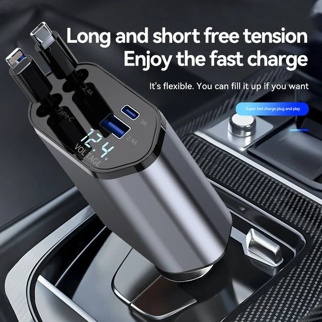 120W 4 IN 1 Car Charger with Retractable Cable and 2 USB Ports USB Type C Cigarette Lighter Adapter For IPhone Samsung Huawei