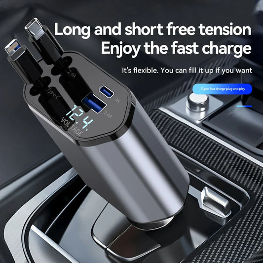 120W 4 IN 1 Car Charger with Retractable Cable and 2 USB Ports USB Type C Cigarette Lighter Adapter For IPhone Samsung Huawei