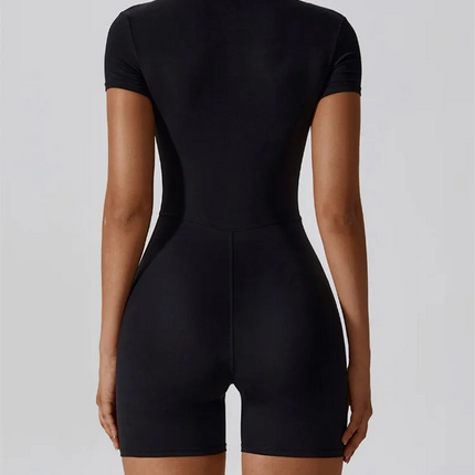 European and American nude one-piece yoga suit with stand up collar, half zipper, short sleeved fitness jumpsuit, tight fitting