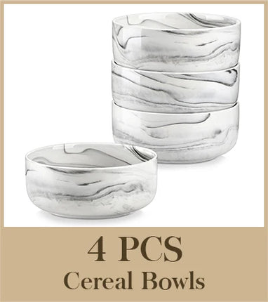 MALACASA 4 Piece Bowl 26oz Ceramic Dinnerware set White Porcelain Plates Grey Marble Tableware Set Cereal Bowls Salad Soup Bowls