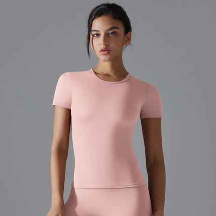 Women Running Sports T Shirt Summer Short Sleeve Round Neck Breathable Stretchy GYM Yoga Slim Fitness Active Top Tee