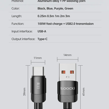 Toocki USB Type C Cable 100W Fast Charging 6A Type C Cable for Xiaomi Huawei P30 P40 Samsung POCO Realme Oneplus Data Wire
