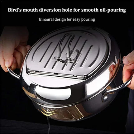 Japanese Deep Fryer With Thermometer and Lid 304 Stainless Steel Kitchen Tempura Fryer Pan Fryer Without Oil Frying Pan Fryer