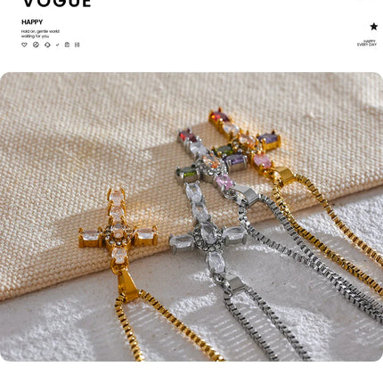Yhpup Delicate Colorful Bling Cubic Zirconia Cross Pendant Stainless Steel Luxury Necklace High-Grade Fashion Shiny Jewelry Gift