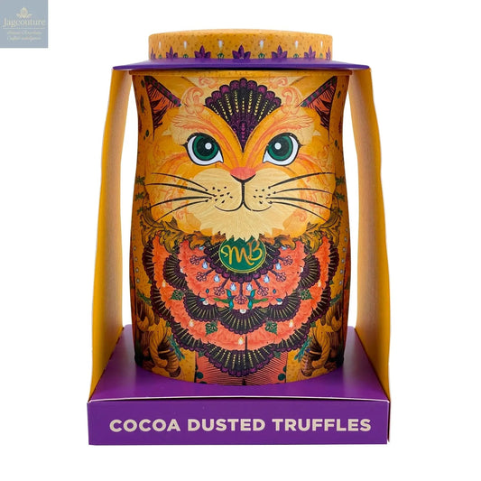 Savanna gold cat tin of Flutter Scotch flavoured cocoa dusted truffles with butterscotch chips