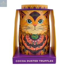 Savanna gold cat tin of Flutter Scotch flavoured cocoa dusted truffles with butterscotch chips