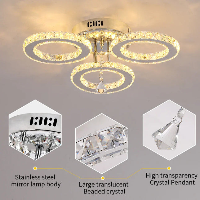 Modern K9 Crystal Led Rings Ceiling Lamp Chandelier Pendant Light Dimmable Luminaire Bedroom Living Dining Room Decor Fixture