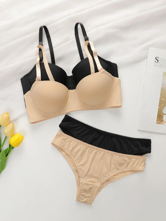 2sets Solid Underwire Lingerie Set Women Push Up Bra With Steel Ring Fashion Women Underwear Panty Everyday Bras Sets J2611