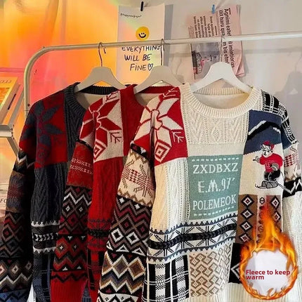 Christmas Sweater Men's Winter Loose-fit Casual Style Knitted Top Jacket American Vintage Fleece-lined Thickened Line Clothes